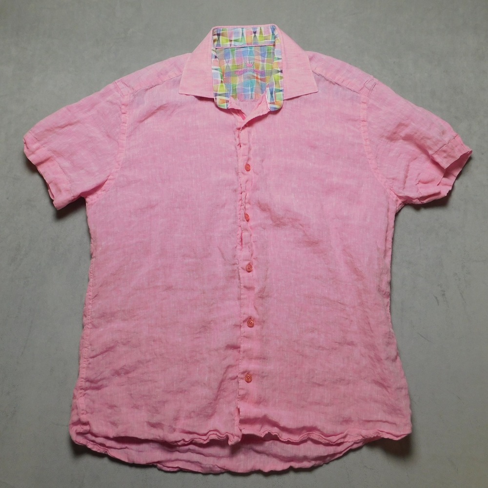 Bertigo Mens Large Pink Linen Short Sleeve Button Down Shirt‎ Geometric Trim